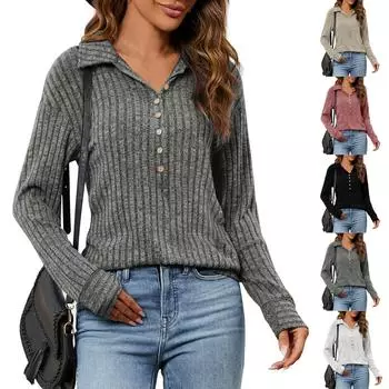 Женский повседневный однотонный топ с V-образным вырезом, матовым покрытием, удобными мешковатыми лацканами и длинными рукавами L чёрный