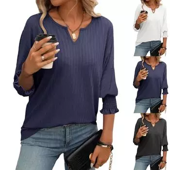 Женский повседневный однотонный топ с V-образным вырезом и рукавами семь четвертей M армия зеленый