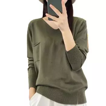 Женский повседневный однотонный трикотажный свитер с V-образным вырезом и длинными рукавами, с карманами в качестве основы, свитер L армия зеленый