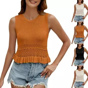 Женский повседневный однотонный трикотажный топ без рукавов с оборками по краям L бежевый