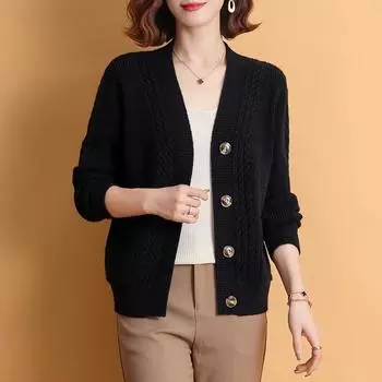 Женский повседневный однотонный вязаный кардиган на весну и осень XXXL чёрный
