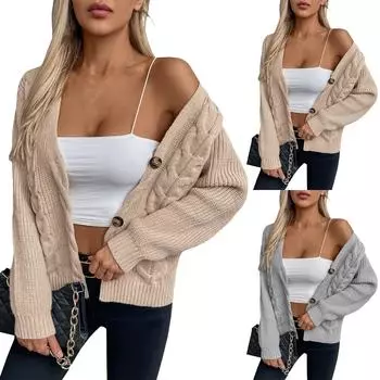 Женский повседневный однотонный вязаный кардиган с переплетениями теста, однобортный свитер в стиле ретро L бежевый
