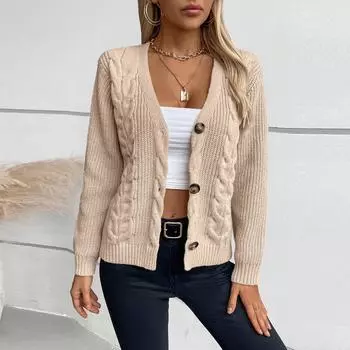 Женский повседневный однотонный вязаный кардиган с переплетениями теста, однобортный свитер в стиле ретро M бежевый