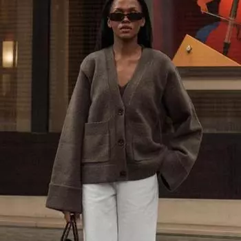 Женский повседневный однотонный вязаный кардиган с V-образным вырезом, модный однобортный свитер с длинными рукавами, осенний шикарный женский уличный стиль S белый