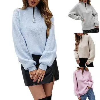 Женский повседневный однотонный вязаный пуловер с длинными рукавами и v-образным вырезом на молнии XL