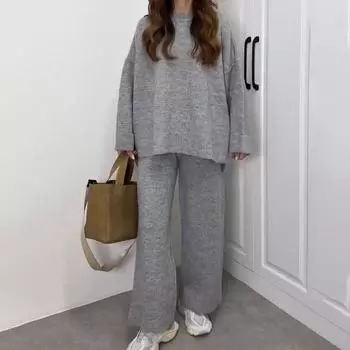 Женский повседневный однотонный вязаный свитер из двух частей, комплект из осенне-зимнего толстого свободного свитера с круглым вырезом и широкими брюками, подходящие комплекты S темно-серого