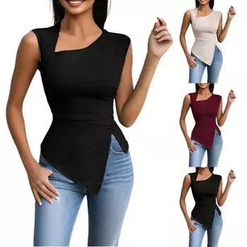 Женский повседневный однотонный жилет без рукавов с неровным узким разрезом L бежевый