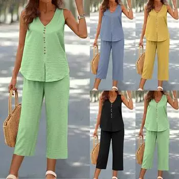 Женский повседневный однотонный жилет с v-образным вырезом и широкими брюками, комплект из двух предметов L чёрный