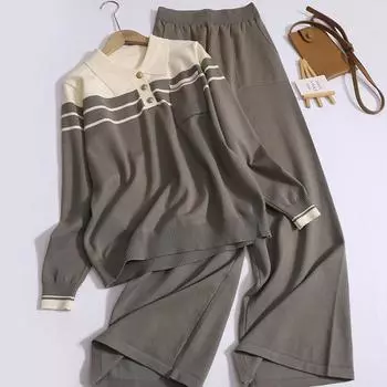 Женский повседневный осенний комплект из двух предметов, свободный контрастный цвет, отложной воротник, длинный рукав, широкие брюки с карманами, трикотажный костюм One Size чёрный