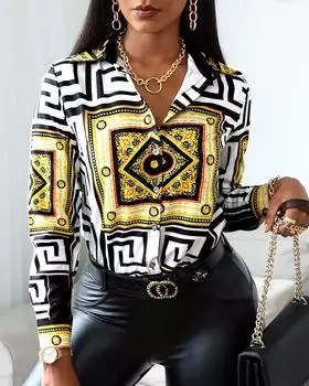 Женский повседневный осенний шарф с длинными рукавами и цветными блоками, рубашка на пуговицах с отложным воротником, необычная блузка в стиле барокко M золотой