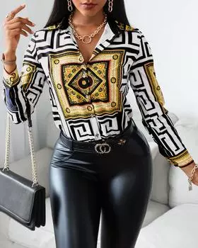 Женский повседневный осенний шарф с длинными рукавами и цветными блоками, рубашка на пуговицах с отложным воротником, необычная блузка в стиле барокко M золотой