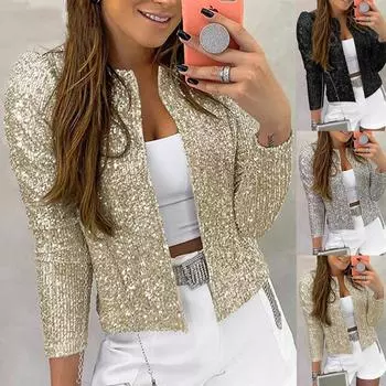 Женский повседневный пиджак с длинным рукавом, костюм с открытым передом и блестками, женская куртка, кардиган с блестками и жемчугом, пальто с круглым вырезом, верхняя одежда, женская женская черная, серебристая XXXL чёрный