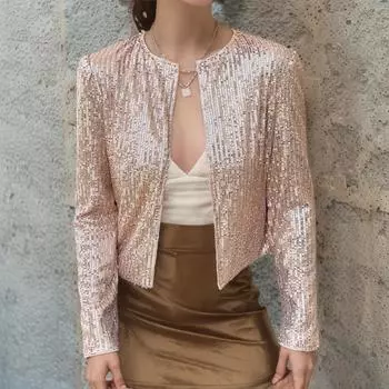 Женский повседневный пиджак с длинным рукавом, пальто с открытым передом и пайетками, женская куртка, кардиган с пайетками и жемчугом, пальто с круглым вырезом, верхняя одежда для женщин S чёрный