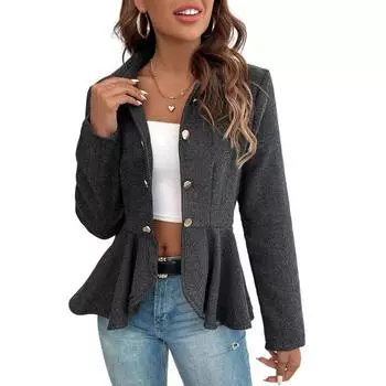 Женский повседневный пиджак с лацканами, длинный рукав, двубортный пиджак с оборками и полосатым принтом, деловой L чёрный