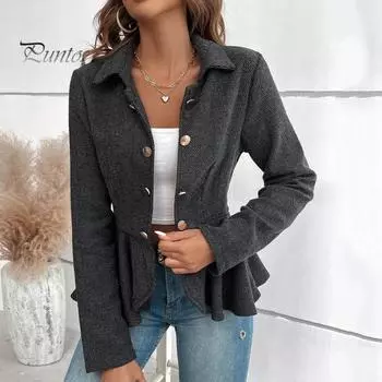 Женский повседневный пиджак с лацканами, длинный рукав, двубортный пиджак с оборками и полосатым принтом, деловая верхняя одежда L серый