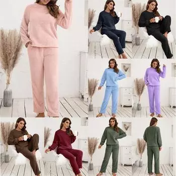 Женский повседневный пижамный комплект, домашний костюм, осенне-зимний женский однотонный плюшевый теплый комплект из 2 предметов, бархатный флисовый комплект, комплект из пуловеров и брюк XL чёрный