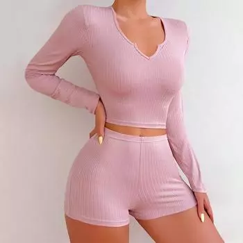 Женский повседневный пижамный комплект Europe and United с длинным рукавом и v-образным вырезом, узкий топ, шорты, дышащий домашний комплект в рубчик, мягкий удобный модный пижамный комплект S