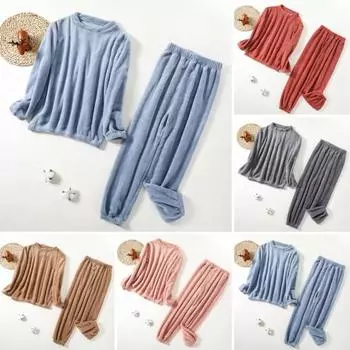 Женский повседневный пижамный комплект из 2 шт./компл., топы с длинными рукавами и круглым вырезом, длинные штаны с эластичной резинкой на талии, комплект домашней одежды из мягкого кораллового флиса серый