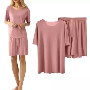 Женский повседневный пижамный комплект из двух предметов: шорты с коротким рукавом и штаны One Size розовый