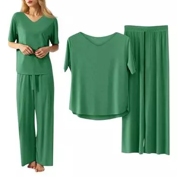 Женский повседневный пижамный комплект, однотонный топ с V-образным вырезом и короткими рукавами, комплект из двух предметов, брюки Nine Minute M зелёный