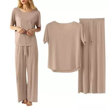 Женский повседневный пижамный комплект, однотонный топ с круглым вырезом и короткими рукавами, комплект из двух предметов One Size бежевый
