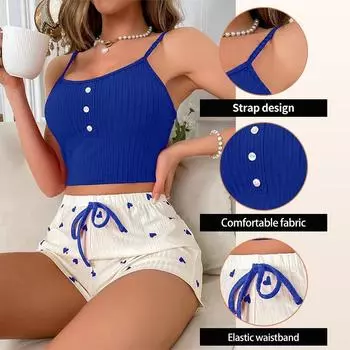 Женский повседневный пижамный комплект с подтяжками и открытым пупком в виде сердца, трикотажный комплект из двух предметов для женщин в рубчик синего цвета XS