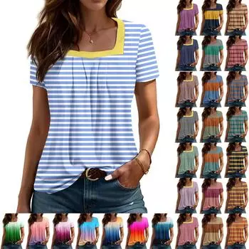 Женский повседневный плиссированный топ с короткими рукавами и квадратным вырезом в полоску с коротким рукавом и принтом L чёрный