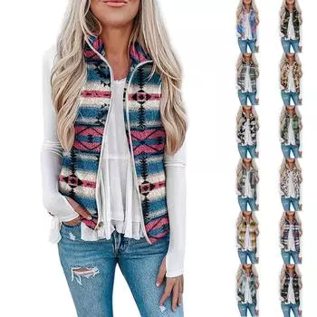 Женский повседневный плюшевый жилет на молнии с полувысоким воротником и принтом в стиле этнического галстука L коричневый