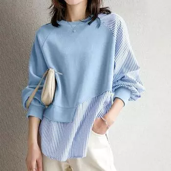 Женский повседневный поддельный двухсекционный полосатый пуловер осенняя мода O-образный вырез лоскутные толстовки с капюшоном длинный рукав нестандартные топы S белый