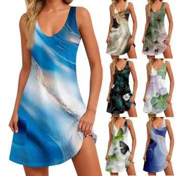 Женский повседневный полосатый (Градиент) Летнее пляжное платье в стиле бохо с принтом, карманами, жилеткой с V-образным вырезом L чёрный