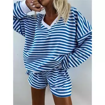 Женский повседневный полосатый костюм с длинными рукавами, V-образным вырезом, свободный топ, спортивные шорты, комплект из 2 предметов S