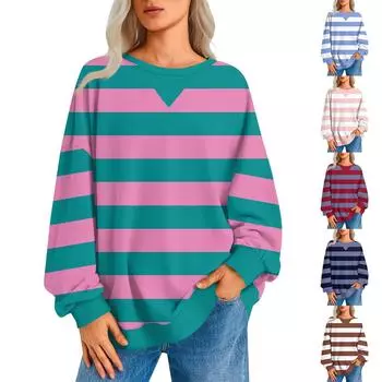 Женский повседневный полосатый пуловер, рубашка с длинным рукавом, толстовка большого размера XXL красный