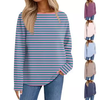 Женский повседневный полосатый пуловер, рубашка с длинным рукавом, толстовка большого размера L синий