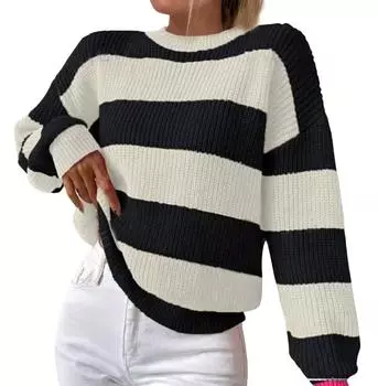 Женский повседневный полосатый свитер с длинными рукавами, пуловер с круглым вырезом, топ-свитер L чёрный