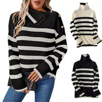 Женский повседневный полосатый свитер с длинными рукавами и лацканами на пуговицах L бежевый