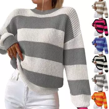 Женский повседневный полосатый свитер с длинными рукавами, пуловер с круглым вырезом, топ-свитер L чёрный