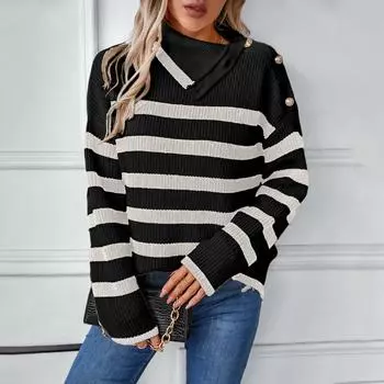 Женский повседневный полосатый свитер с длинными рукавами и лацканами на пуговицах S чёрный