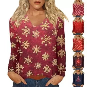 Женский повседневный повседневный топ с длинными рукавами и рождественским принтом и V-образным вырезом XXL