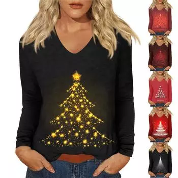 Женский повседневный повседневный топ с длинными рукавами и рождественским принтом и V-образным вырезом M красный