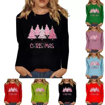 Женский повседневный повседневный топ с длинными рукавами и рождественским принтом с круглым вырезом S красный