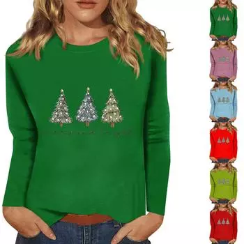 Женский повседневный повседневный топ с длинными рукавами и рождественским принтом с круглым вырезом M зелёный