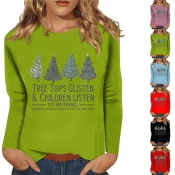 Женский повседневный повседневный топ с длинными рукавами и рождественским принтом с круглым вырезом M