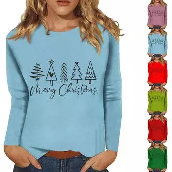 Женский повседневный повседневный топ с длинными рукавами и рождественским принтом с круглым вырезом L темно-зеленого