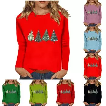 Женский повседневный повседневный топ с длинными рукавами и рождественским принтом с круглым вырезом L чёрный