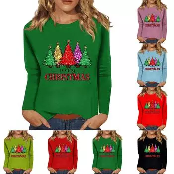 Женский повседневный повседневный топ с длинными рукавами и рождественским принтом с круглым вырезом L чёрный