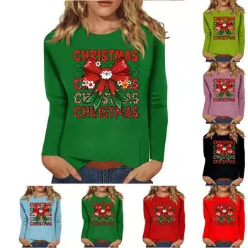 Женский повседневный повседневный топ с длинными рукавами и рождественским принтом с круглым вырезом L чёрный