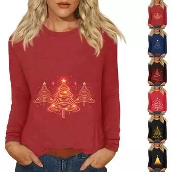 Женский повседневный повседневный топ с длинными рукавами и рождественским принтом с круглым вырезом XXXXXL винный