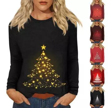 Женский повседневный повседневный топ с длинными рукавами и рождественским принтом с круглым вырезом XL красный