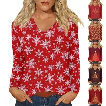 Женский повседневный повседневный топ с длинными рукавами и рождественским принтом и V-образным вырезом M