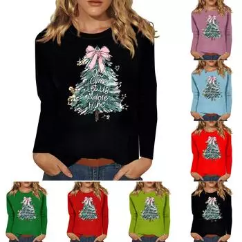 Женский повседневный повседневный топ с длинными рукавами и рождественским принтом с круглым вырезом L чёрный